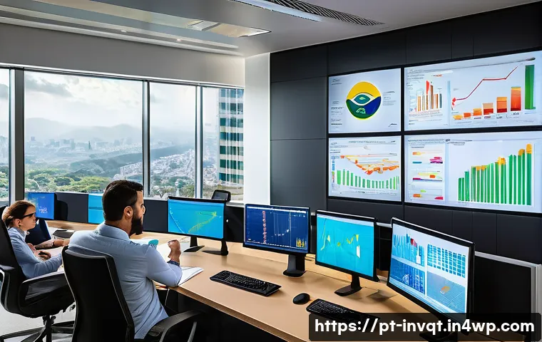 리스크 관리 툴과 기법 - A modern Brazilian office environment with a diverse team of professionals collaboratively analyzing...