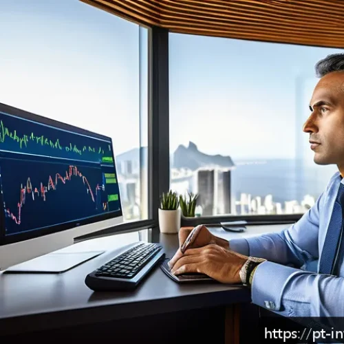 Home 32 투자 리스크 평가를 위한 도구 - A thoughtful Brazilian investor sitting at a modern home office desk, surrounded by multiple screens...