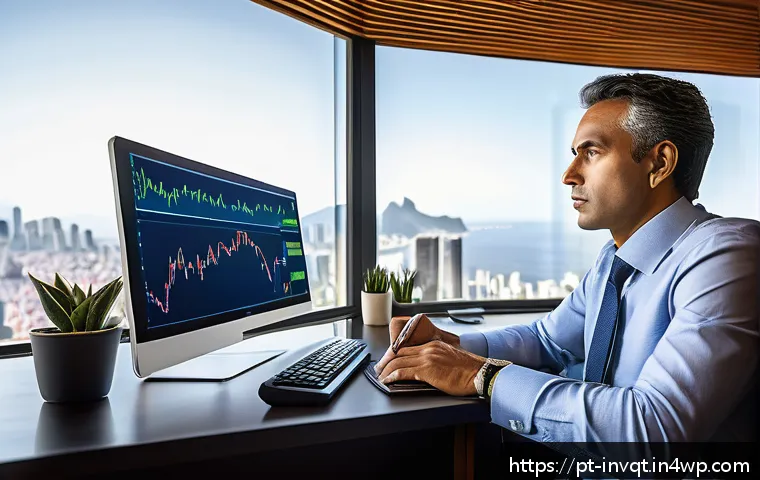 투자 리스크 평가를 위한 도구 - A thoughtful Brazilian investor sitting at a modern home office desk, surrounded by multiple screens...